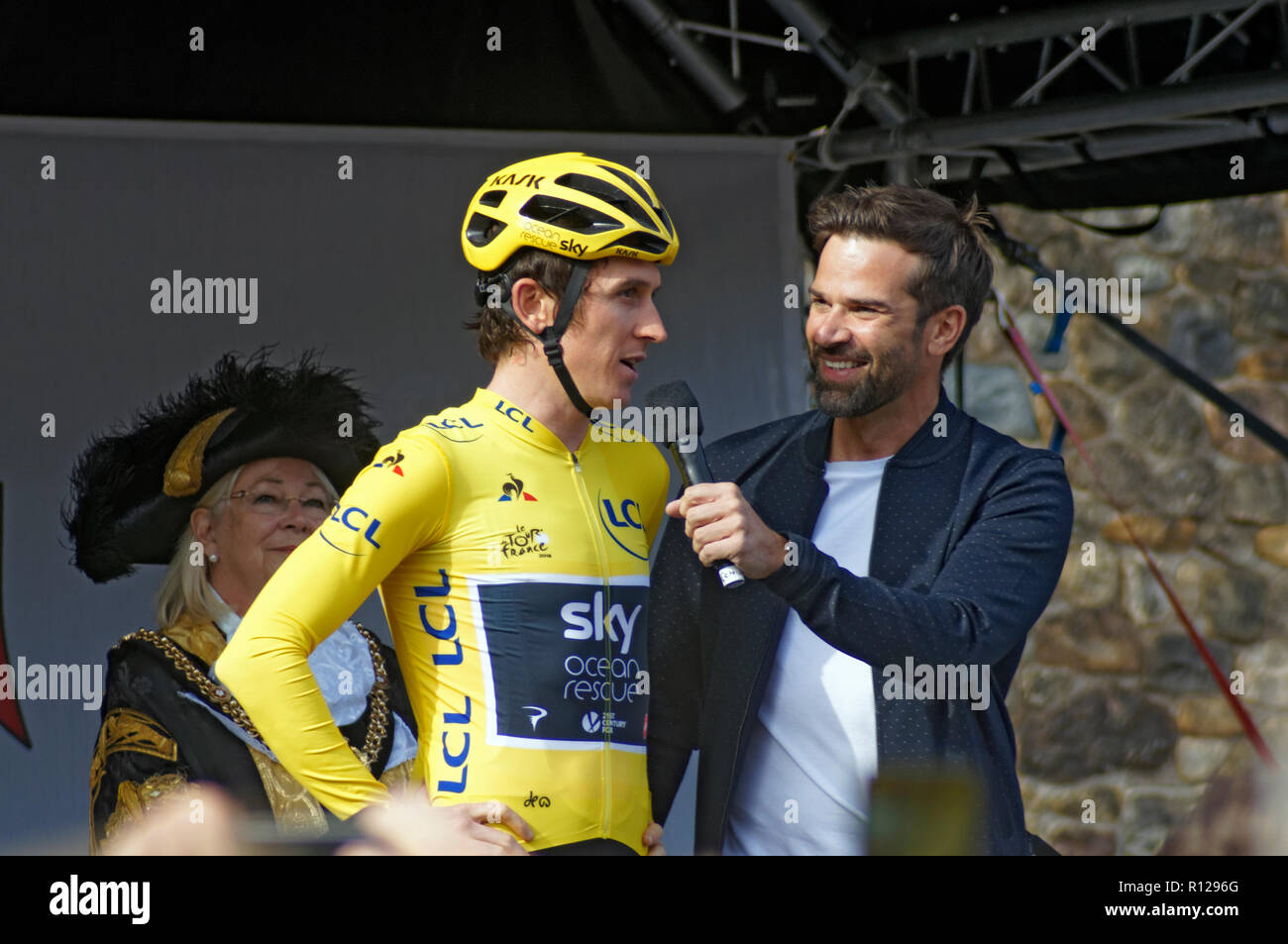 Vincitore del Tour de France Geraint Thomas a casa prossime feste, Cardiff, Galles. Foto Stock