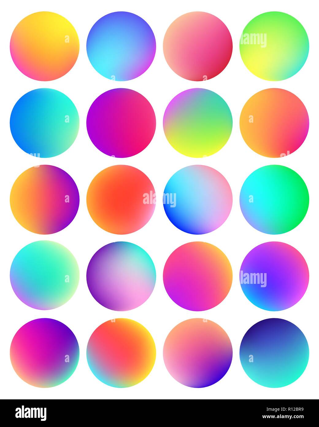 Arrotondato gradiente olografico sfera pulsante. Fluido multicolore gradienti di cerchio, colorato soft pulsanti rotondi o colori brillanti sfere piatto set di vettore Illustrazione Vettoriale