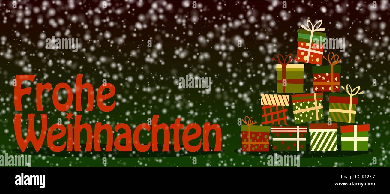 Snowy Frohe Weihnachten, buon Natale in tedesco, un banner o un biglietto di auguri con colorati confezioni regalo Illustrazione Vettoriale