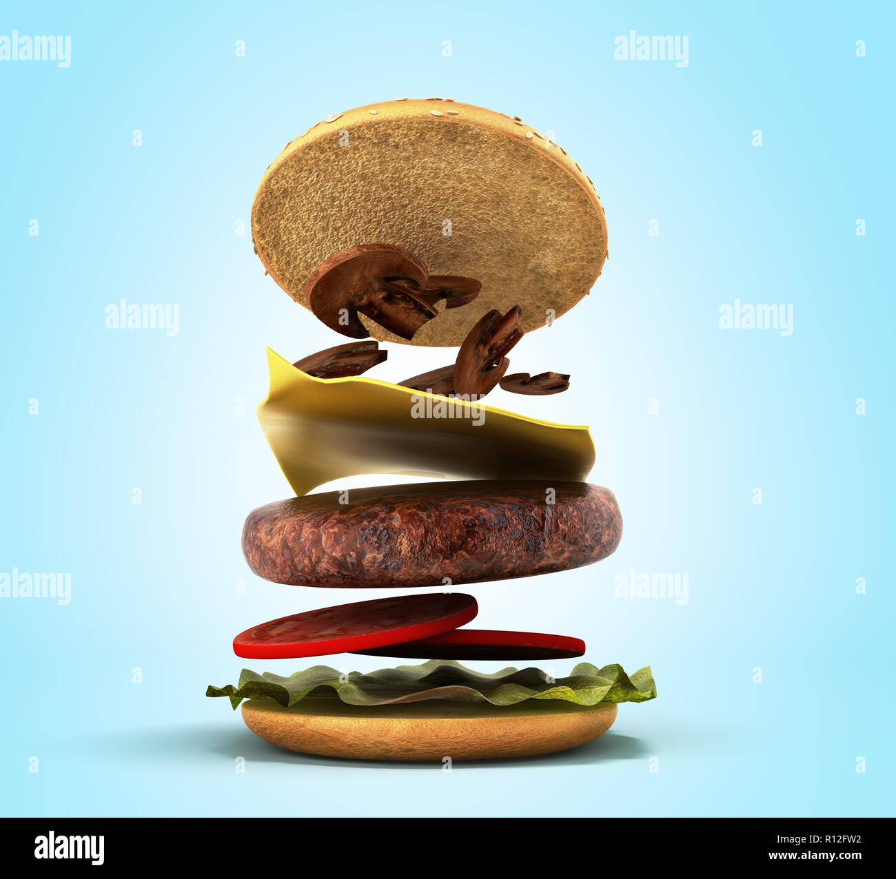 Apertura della American hamburger 3d rendering su gradiente Foto Stock