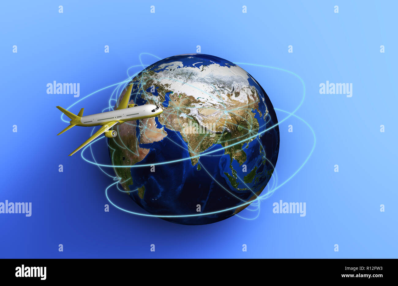 Concetto di viaggi e trasporti terrestri con aria rotte di trasporto 3d rendering su blu Foto Stock