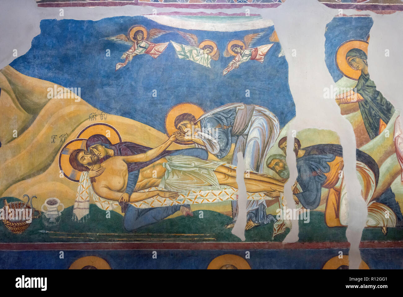 Affresco all'interno la chiesa bizantina di San Panteleimona, Gorno Nerezi, Skopje, Regione di Skopje, Repubblica di Macedonia del nord Foto Stock