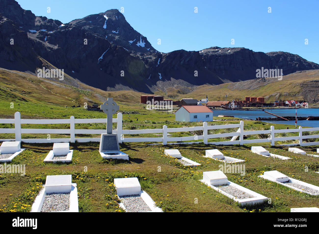 Grytviken, King Edward Cove Harbour, Georgia del Sud Atlantico. Cimitero dove esploratore polare Sir Ernest Shackleton e Frank Wild sono a riposo Foto Stock