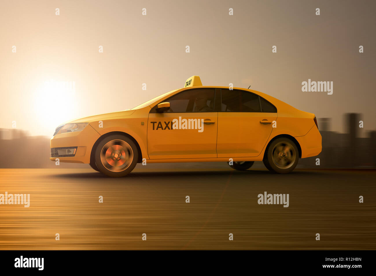 3D rendering di un taxi tellow sul movimento Foto Stock