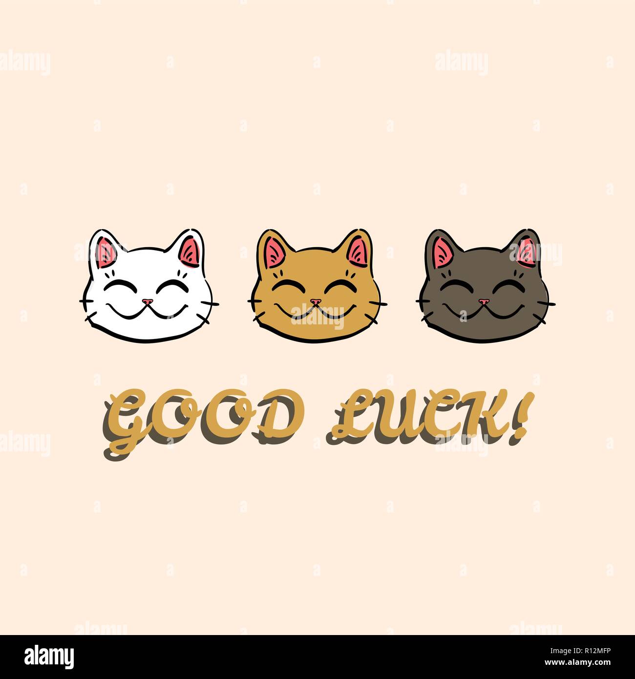 Illustrazione Isolato Di Tre Fortunati Gatti Maneki Neko E Testo Buona Fortuna Concept Design Per Il Biglietto Di Auguri O T Shirt Immagine E Vettoriale Alamy