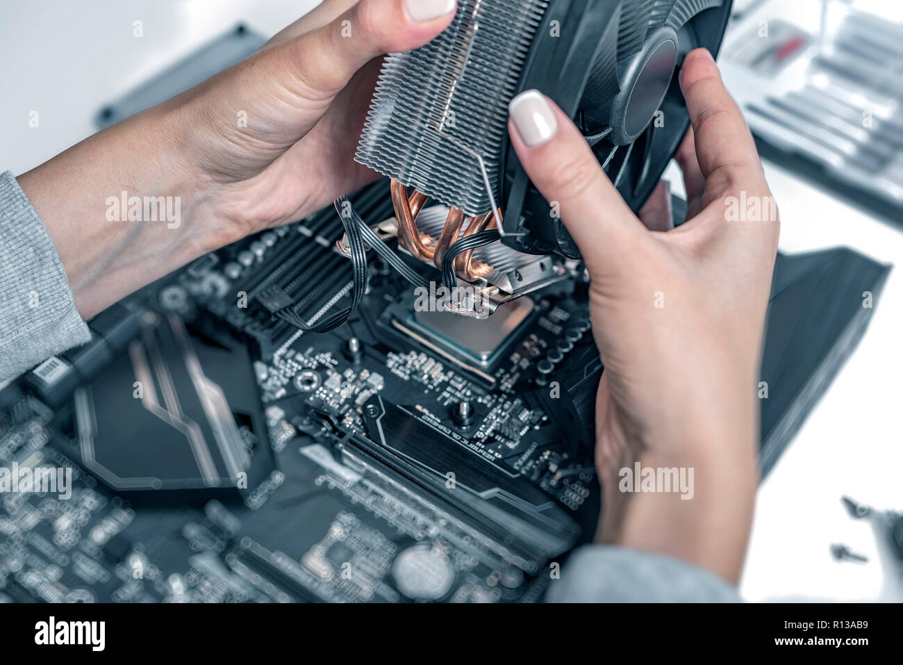 Installare o riparare il sistema di raffreddamento ad aria del processore per PC. Foto Stock