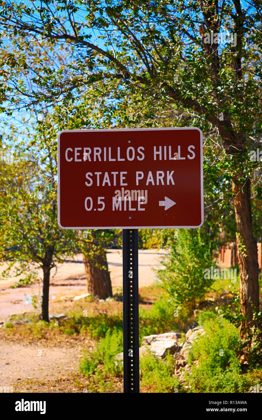 Colline Cerrillos parco dello stato segno di Los Cerrillos, NM Foto Stock