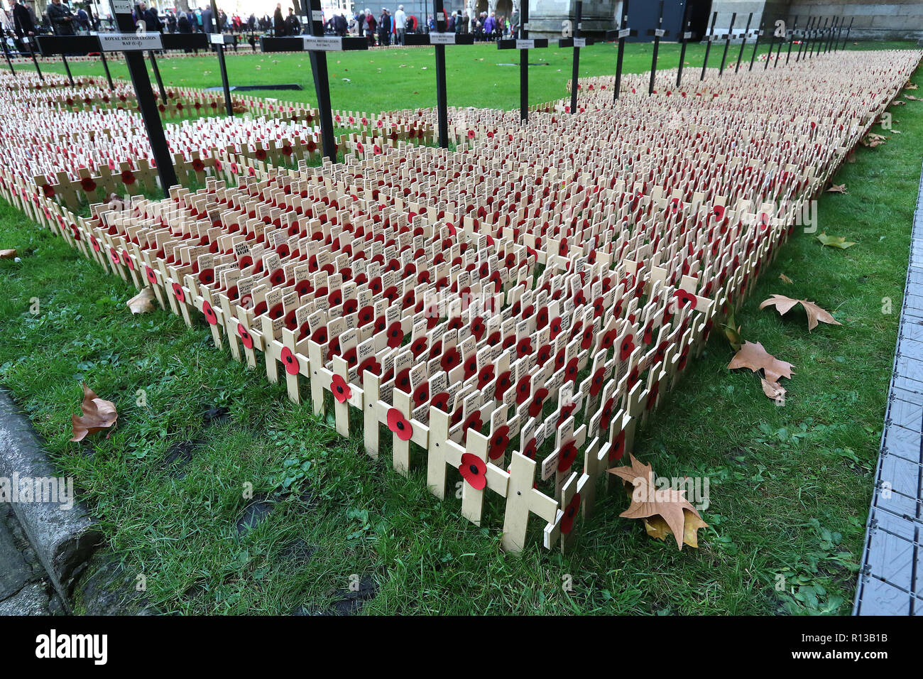 Ricordo omaggi sono piantati in campi di ricordo, con ogni tributo che porta un messaggio personale a qualcuno che ha perso la vita in servizio Foto Stock