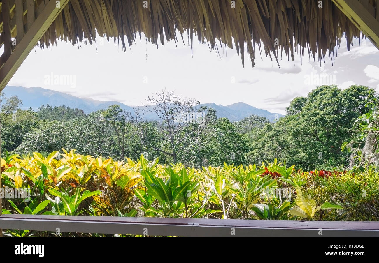 Vista dal gazebo tradizionale con tetti in Palm tree montagne di godere della fresca brezza e paesaggio, Repubblica Dominicana, Santiago Foto Stock