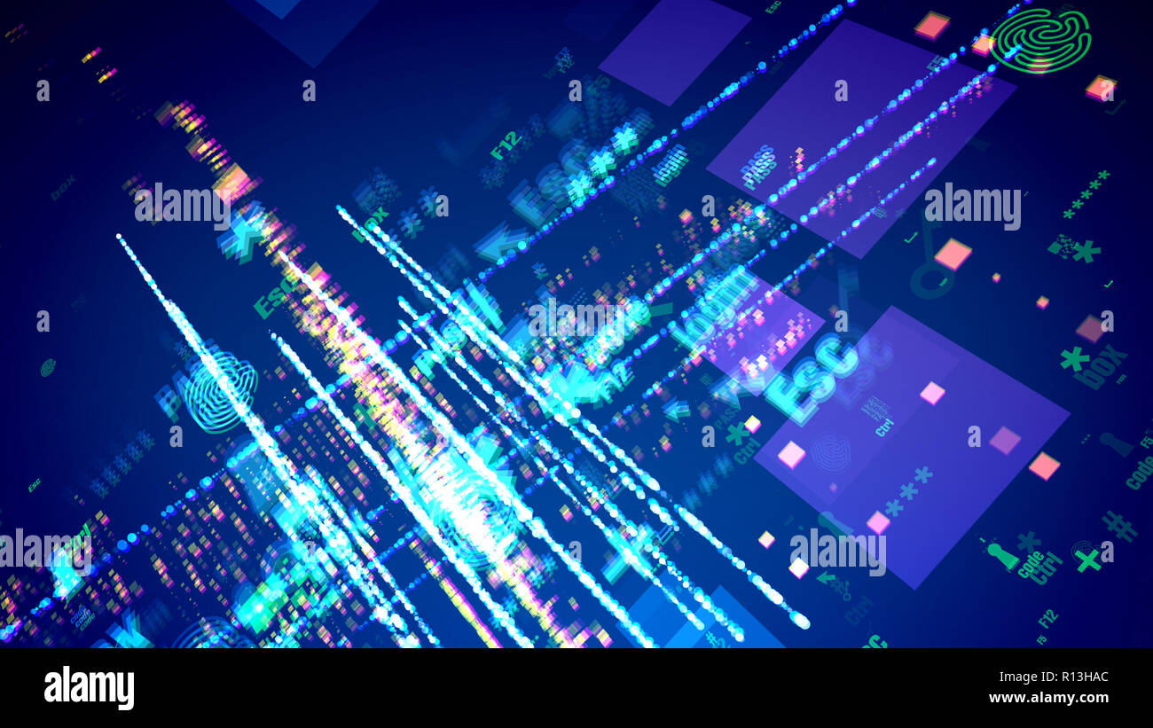 Un impressionante 3d illustrazione di offuscata cyber simboli come le impronte digitali, freccia, ESC, plus, scintillante tra strisce dello spot luminoso nel modulo DAR Foto Stock