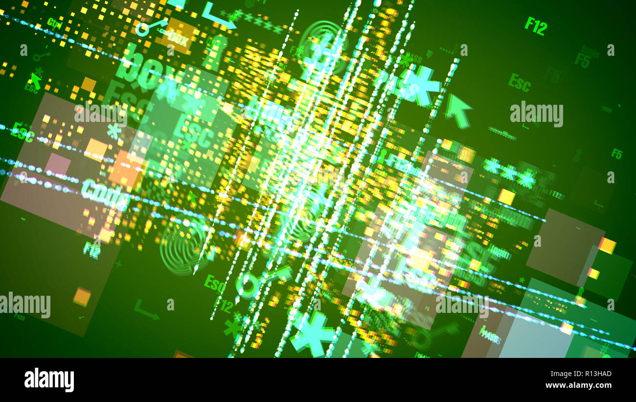 Una vista mozzafiato a 3d illustrazione di giallo cyber simboli come le impronte digitali, freccia, ESC, plus, scintillante tra strisce dello spot luminoso nel modulo DAR Foto Stock