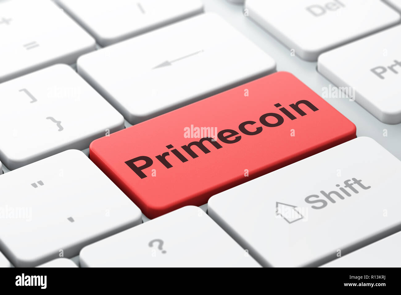 Concetto Blockchain: Primecoin sulla tastiera del computer sullo sfondo Foto Stock