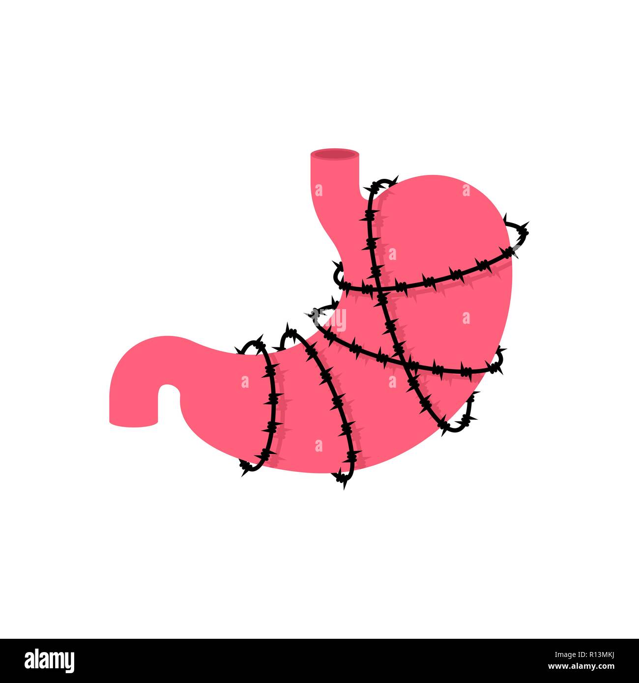 Lo stomaco e il filo spinato. Malati di organi interni dell'anatomia umana. Metafora dei problemi e riduce la salute. dolore cure mediche concept Illustrazione Vettoriale
