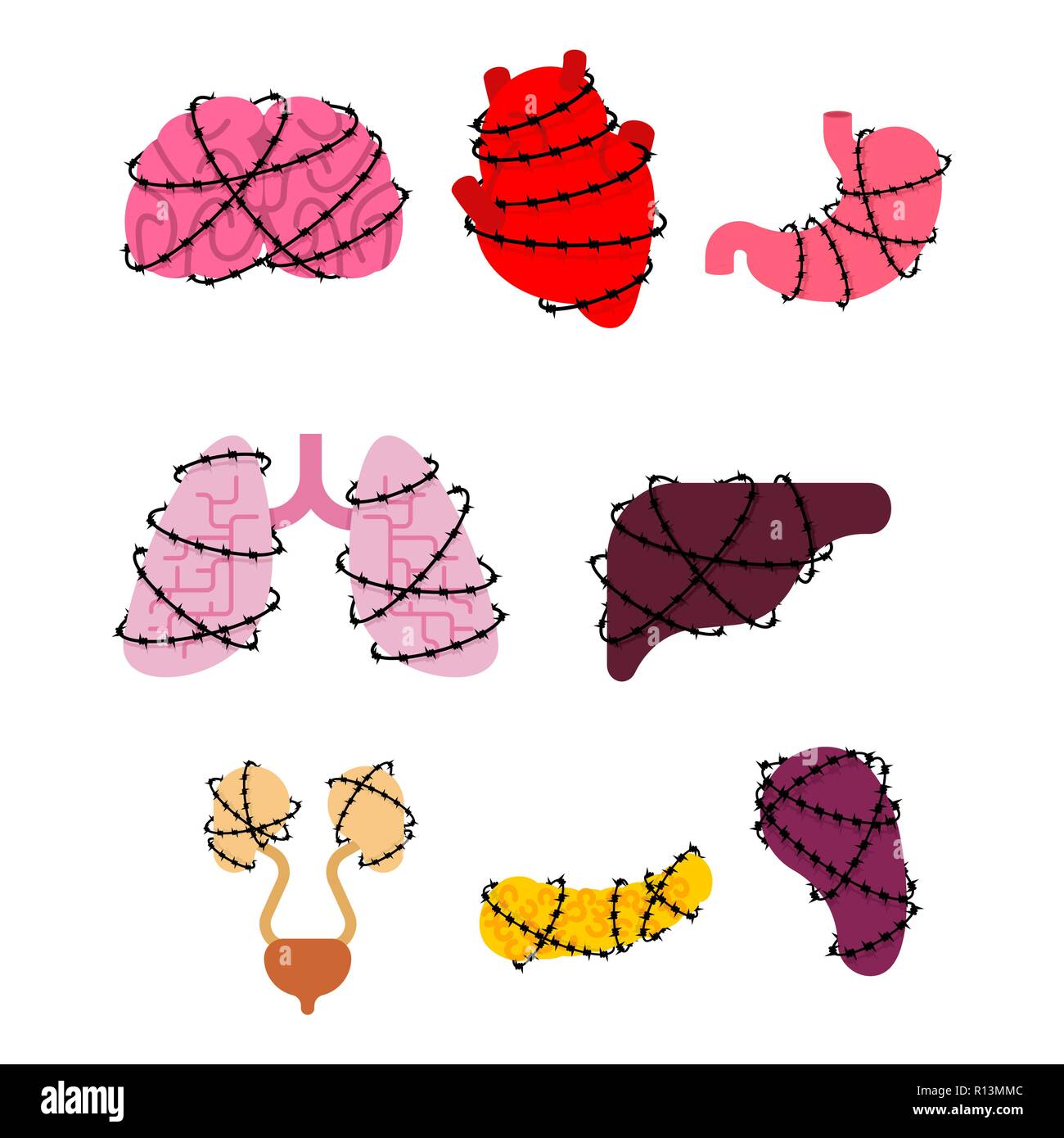 Ammalati gli organi interni e filo spinato set. Cuore e cervello. Fegato e stomaco. L'esofago e il pancreas. Rene e milza. I polmoni. Sistemi del corpo uomo un Illustrazione Vettoriale