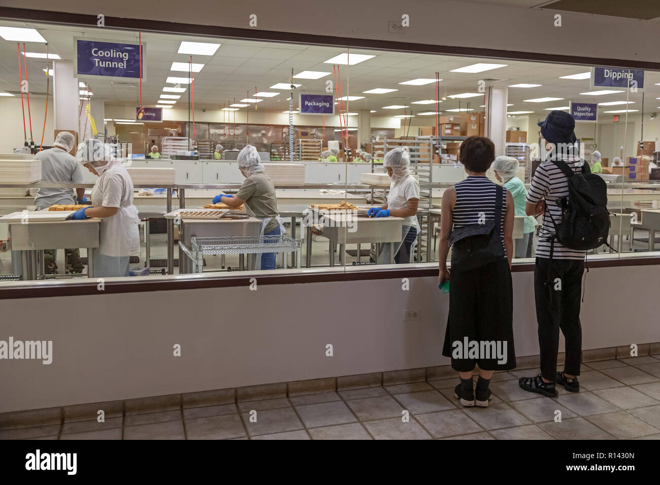 Hilo, Hawaii - Visitatori guarda lavoratori che fanno di noce Macadamia frollini immersi nel cioccolato al latte a Big Island delle caramelle. Foto Stock