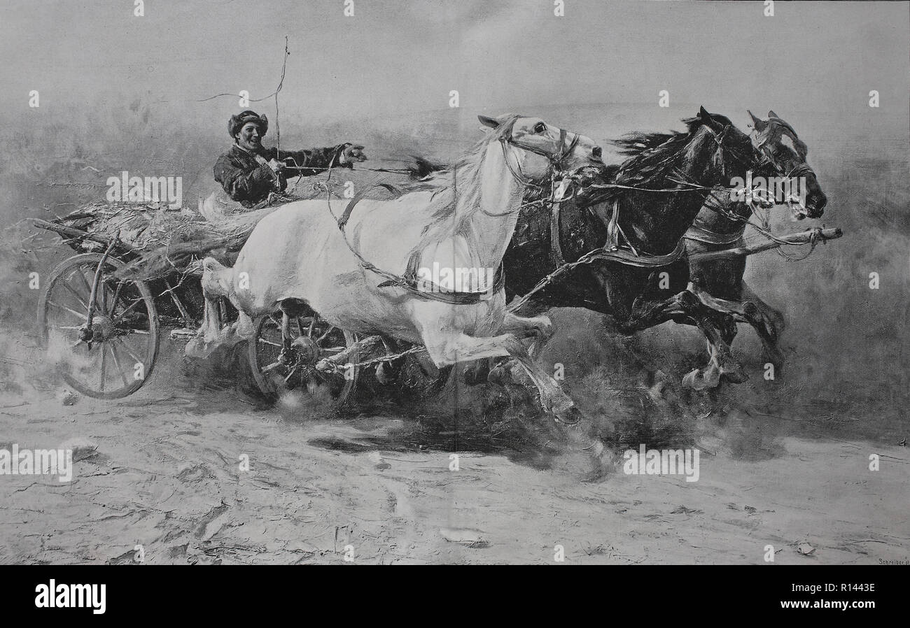 Digital riproduzione migliorata, Wild ride con la tre-carrozza a cavallo, wilde Fahrt mit der dreispÃ¤nnigen Kutsche Foto Stock