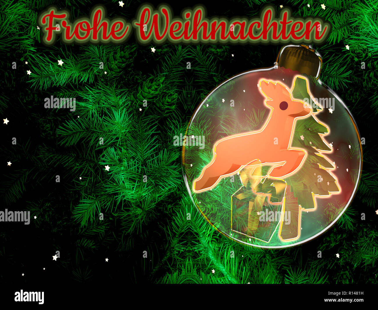 Sfondo di natale con rami di abete, palla di Natale con decorazioni natalizie e testo. Immagine con testo in tedesco: Buon Natale Foto Stock