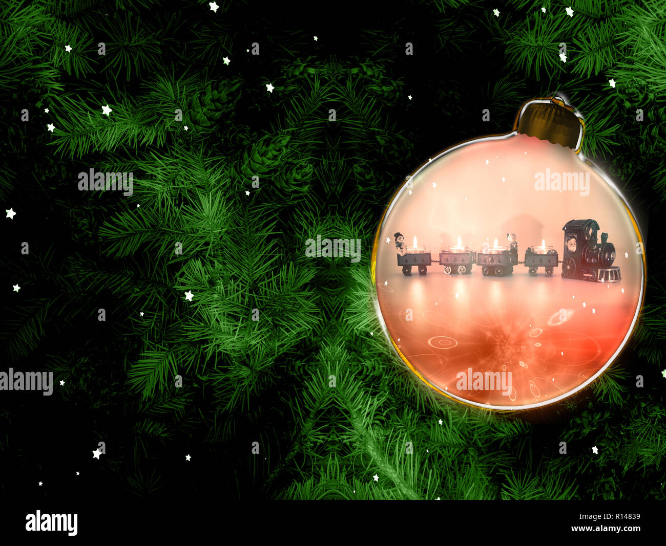 Sfondo di natale con rami di abete e palla di Natale con natale illustrazione del treno Foto Stock
