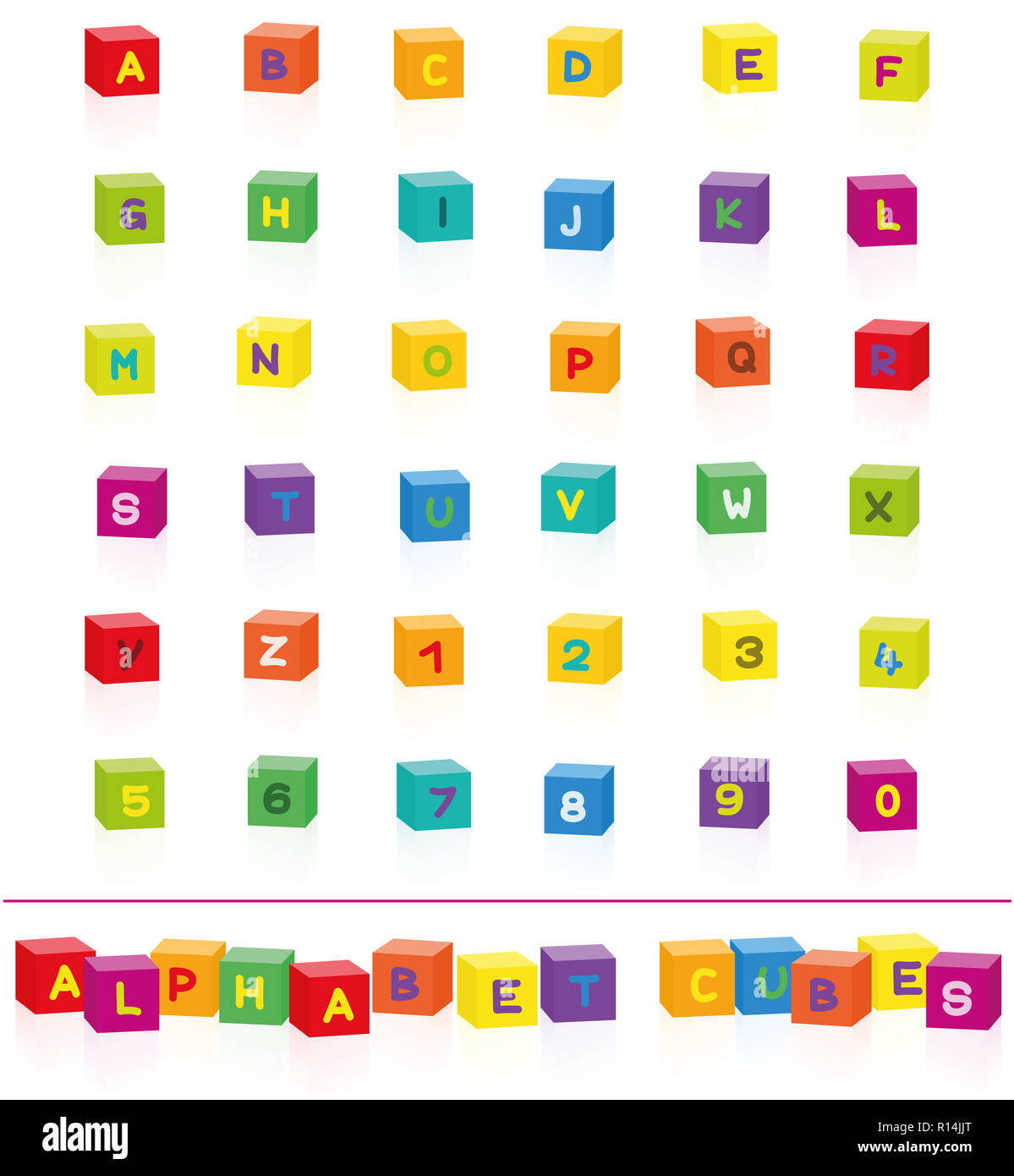 Alfabeto colorato a cubetti con lettere e numeri per selezionare e mettere insieme - illustrazione su sfondo bianco. Foto Stock