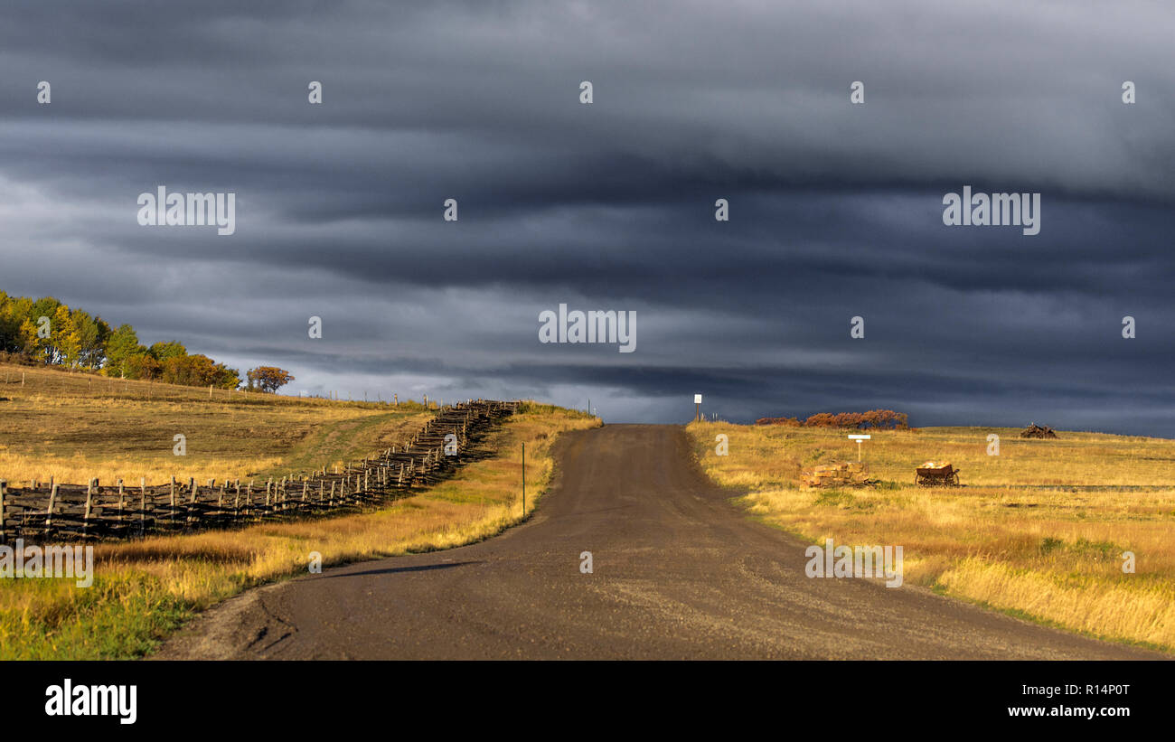 Il 3 ottobre 2018, Hastings Mesa, Colorado, Stati Uniti d'America - strada sterrata a Hastings Mesa conduce al deserto e praterie, Ridgway Colorado Foto Stock