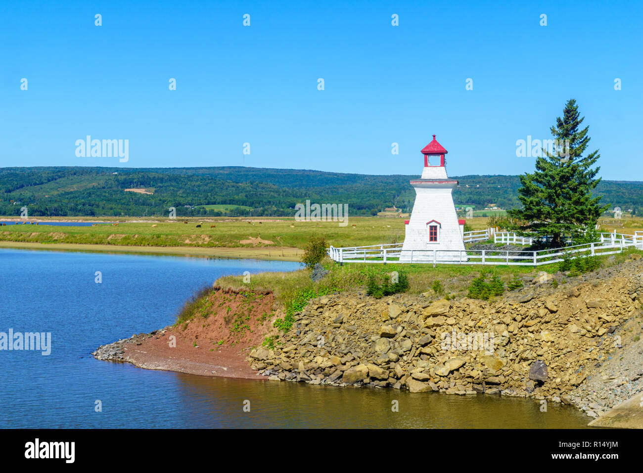 Vista della campagna e la cava di Anderson Lighthouse, Hopewell Hill, New Brunswick, Canada Foto Stock