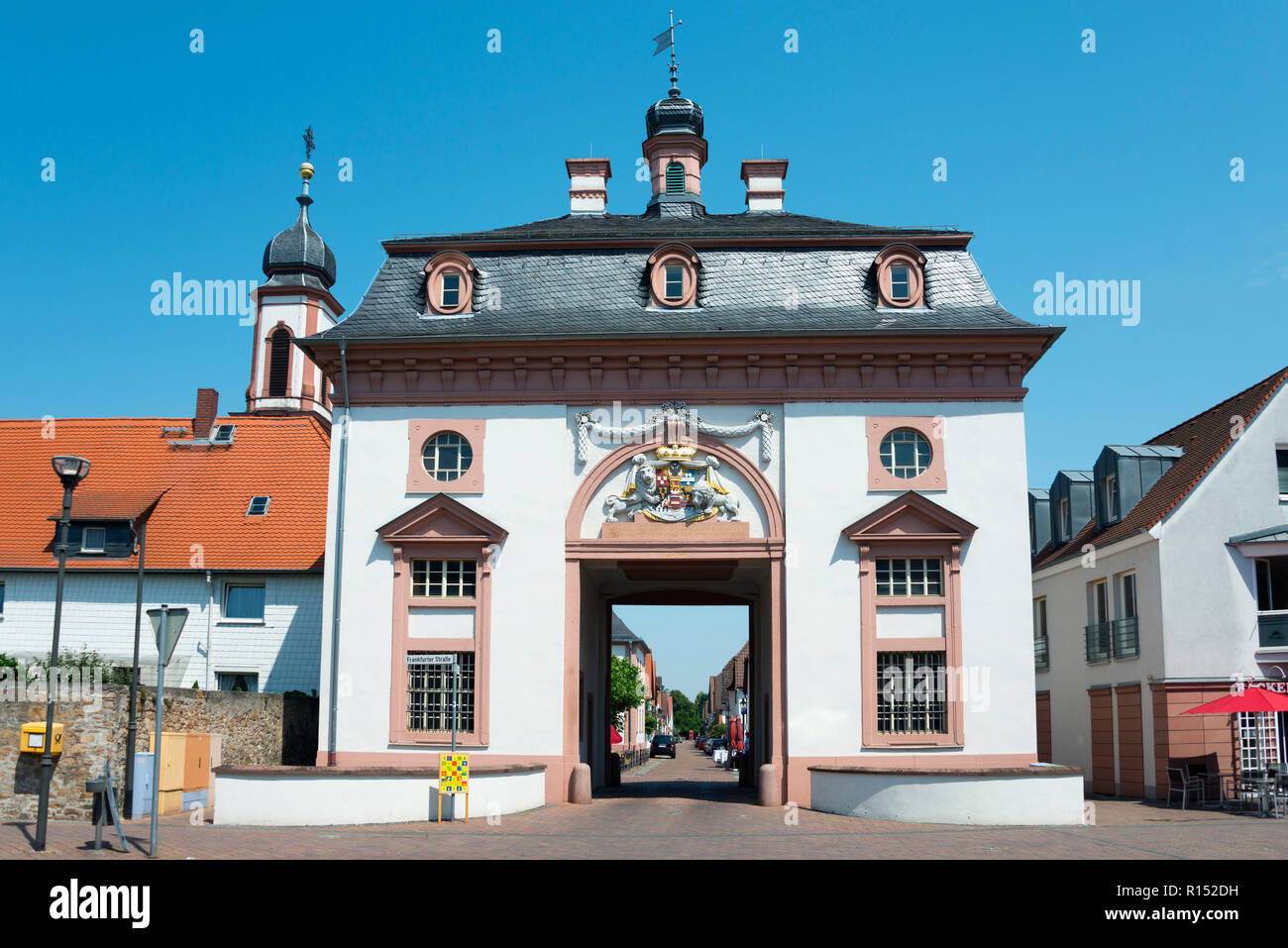 Torbau, City Gate, Heusenstamm, Hesse, Germania Foto Stock