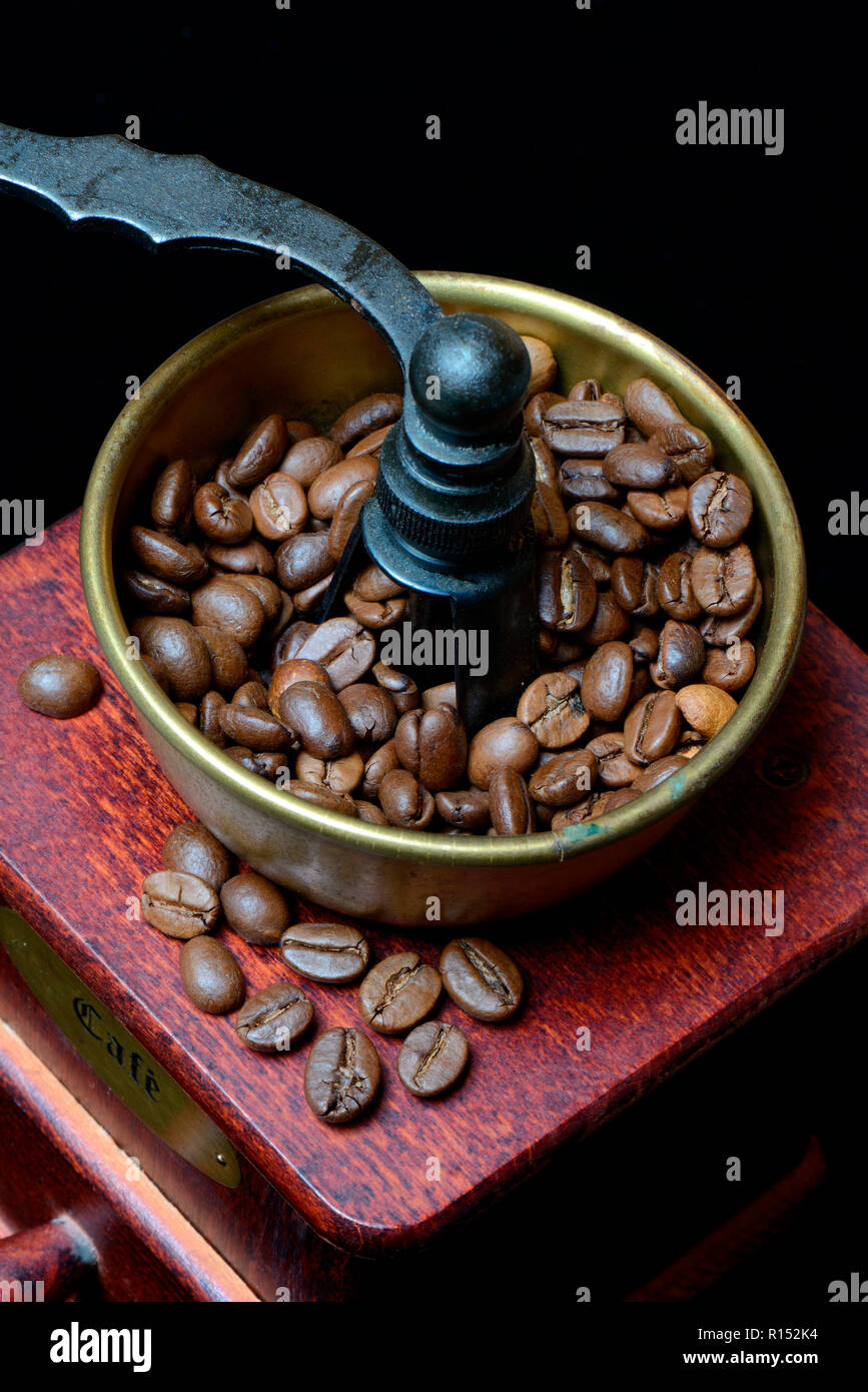 I chicchi di caffè nel macinino da caffè Foto Stock