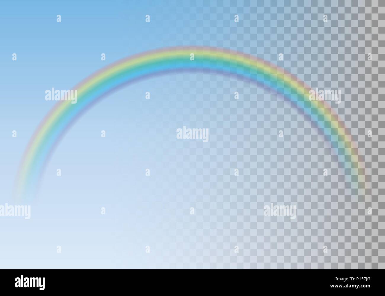 Illustrazione realistica di trasparente colorato arcobaleno su blue sky dopo la pioggia, vettore isolato con regolazione della trasparenza Illustrazione Vettoriale