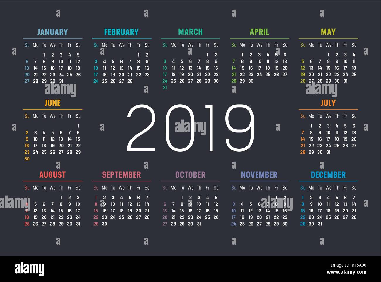 Anno 2019 minimalista calendario colorate su sfondo nero. Illustrazione Vettoriale