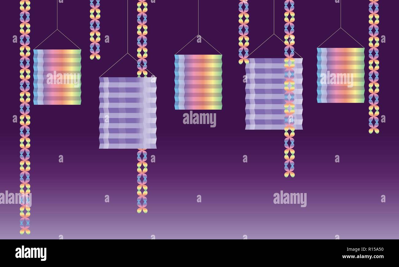 Illustrazione colorata di lanterne di carta, catene e coriandoli su sfondo viola, adatto per la celebrazione o holiday - vettore Illustrazione Vettoriale