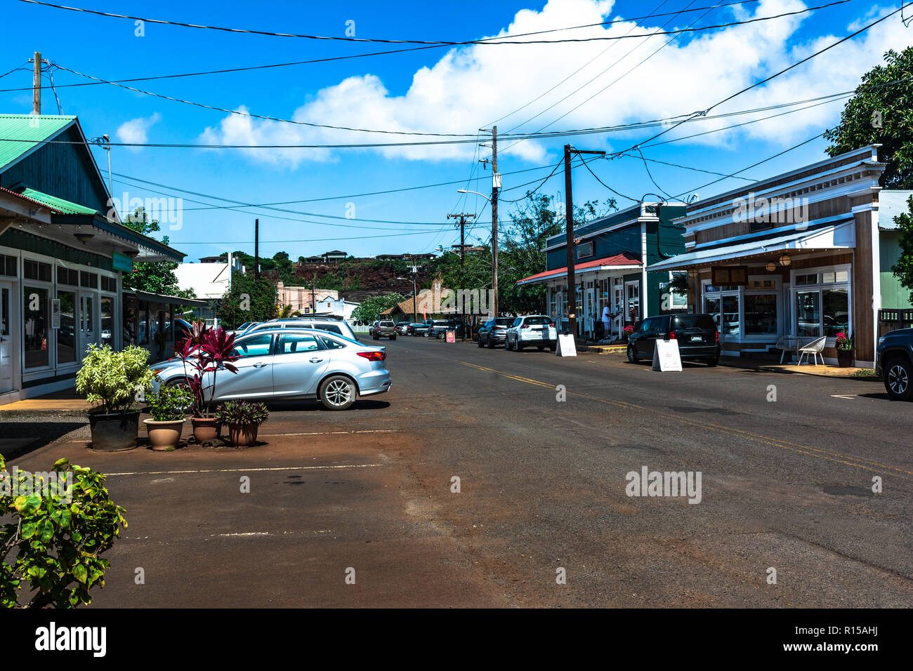 Eleele,Kauai,Hawaii,Stati Uniti d'America - 14 Maggio 2018 : vista della strada principale di Eleele Foto Stock