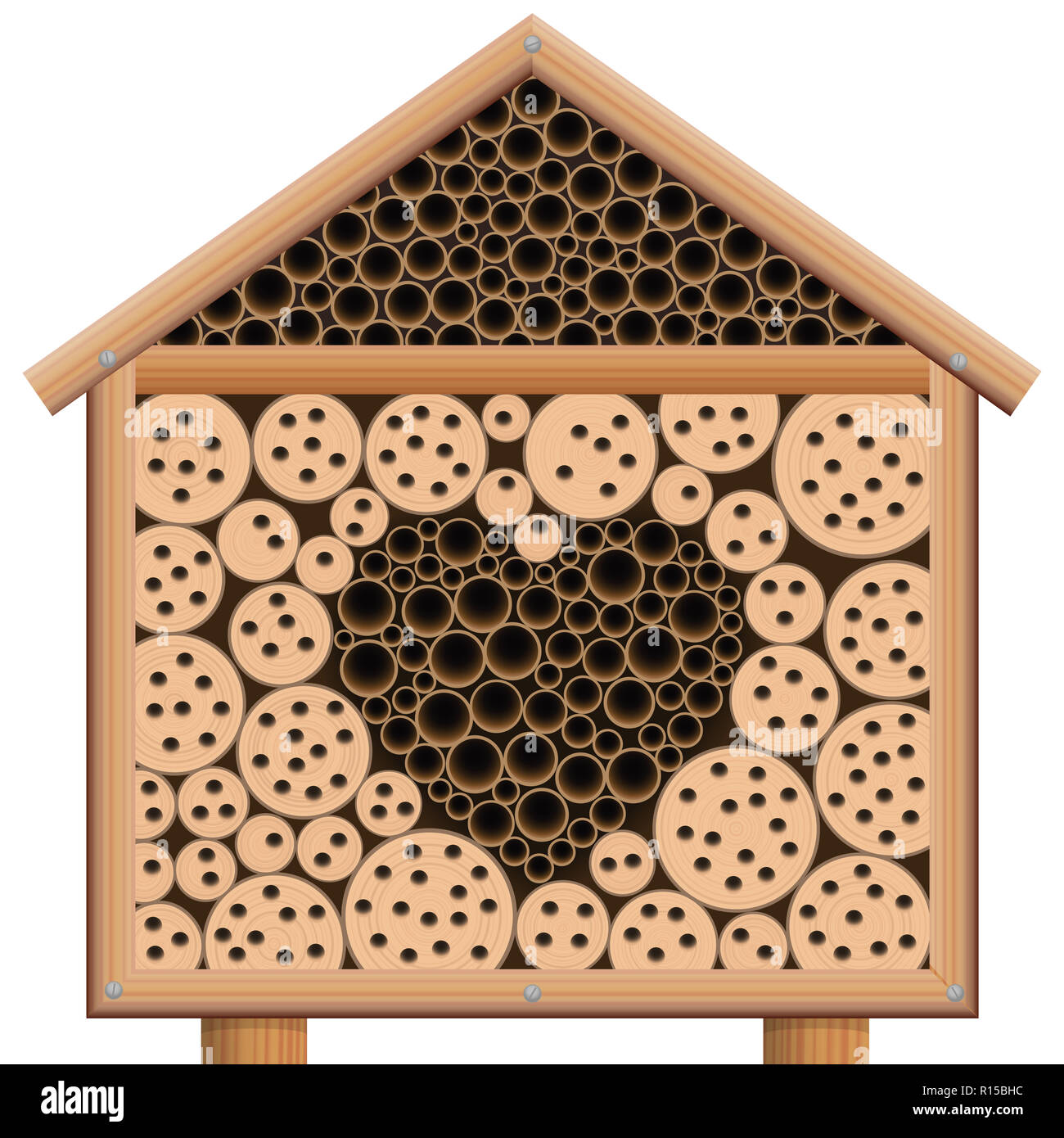Hotel di insetto con il cuore. Simbolo per amare gli insetti e bug. Casa in legno con tetto - illustrazione su sfondo bianco. Foto Stock