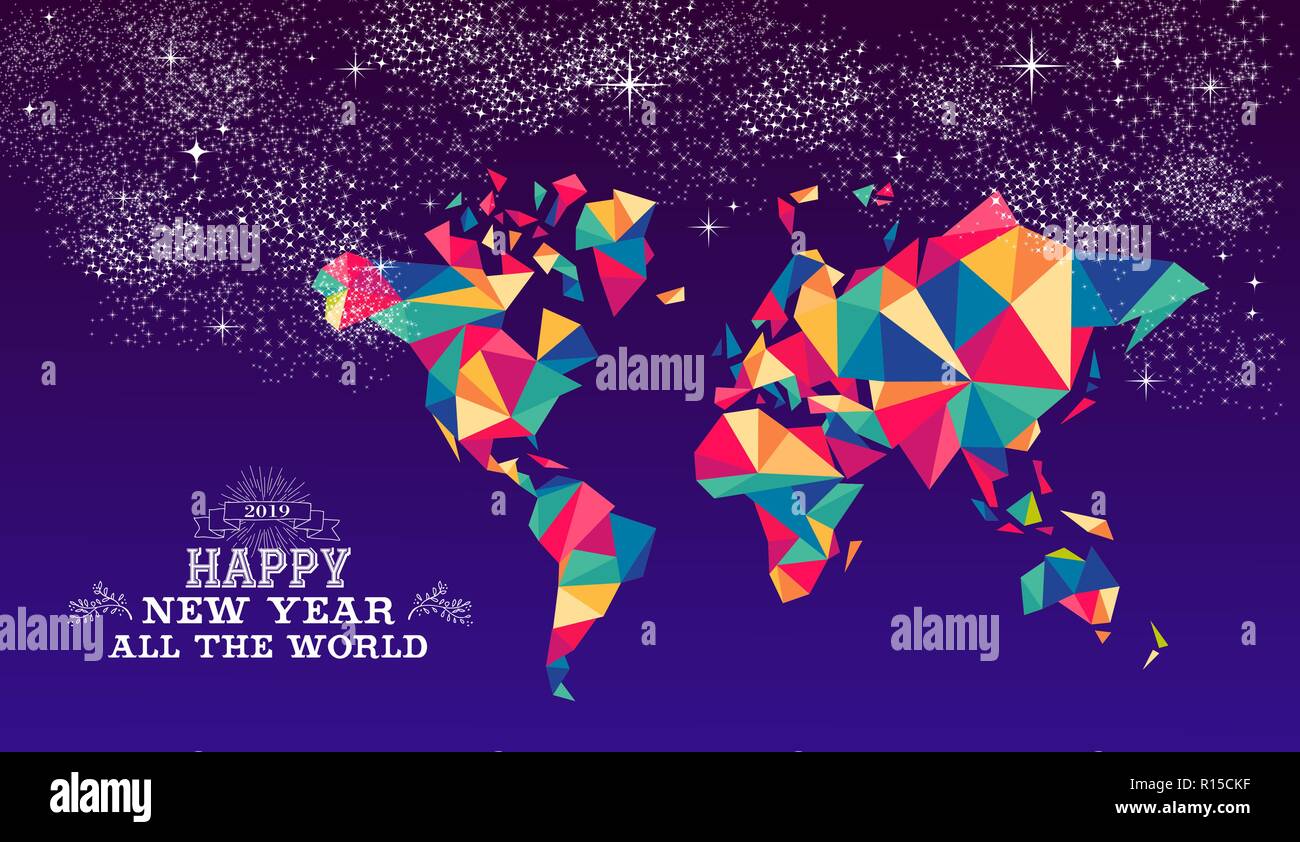 Felice anno nuovo in tutto il mondo 2019 in tutto il mondo biglietto di auguri o poster design con triangolo colorata mappa del globo e etichetta vintage illustrazione. EPS10 v Illustrazione Vettoriale Felice anno nuovo in tutto il mondo 2019 in tutto il mondo biglietto di auguri o poster design con triangolo colorata mappa del globo e etichetta vintage illustrazione. EPS10 v Illustrazione Vettoriale