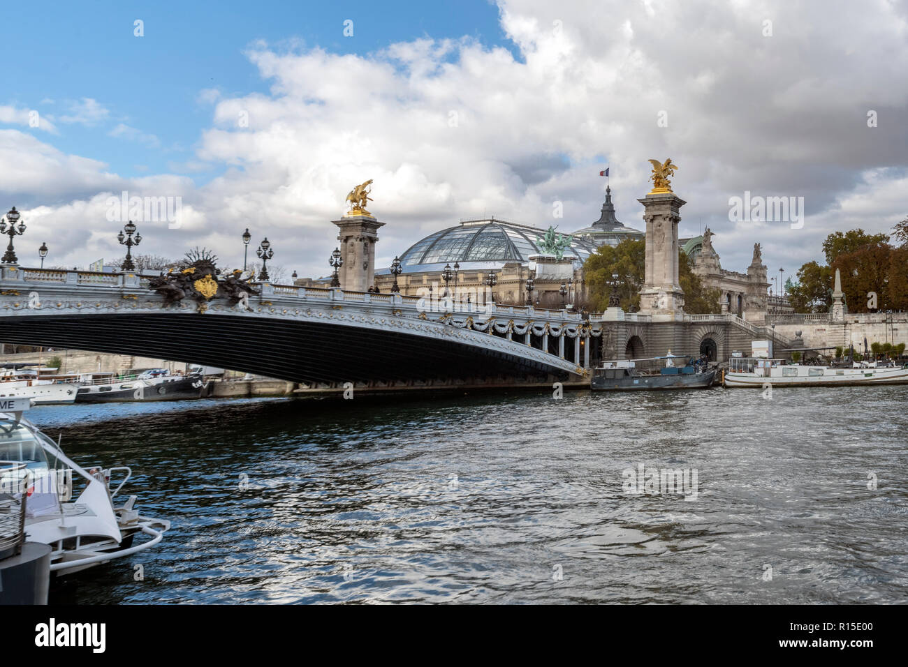 Il Pont Alexandre III oltre la Senna è un deck ponte di arco che si estende oltre la Senna a Parigi. Esso collega il quartiere degli Champs-Élysées con quelle di Foto Stock