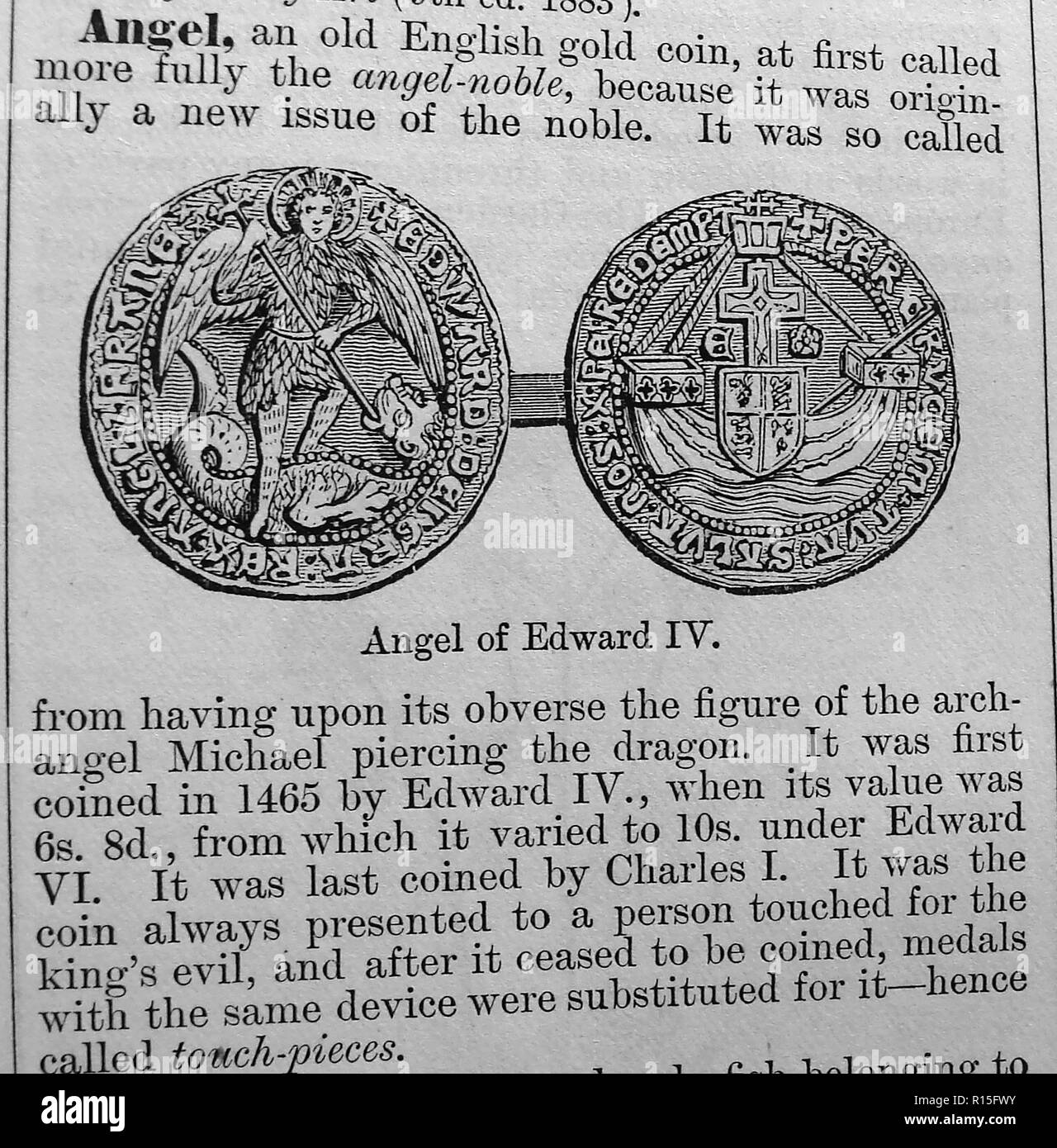 Un angelo (vecchia moneta inglese) da una voce nella camera enciclopedia 1888 (touch pezzo associato Scrofola o del re male) Foto Stock