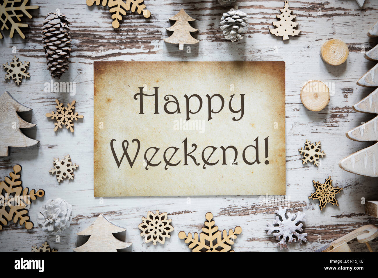 Rustico decorazione di Natale, carta, testo Happy Weekend Foto Stock