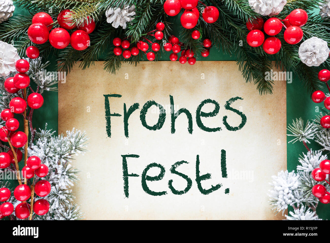 Decorazione di natale, Frohes Fest significa Buon Natale Foto Stock