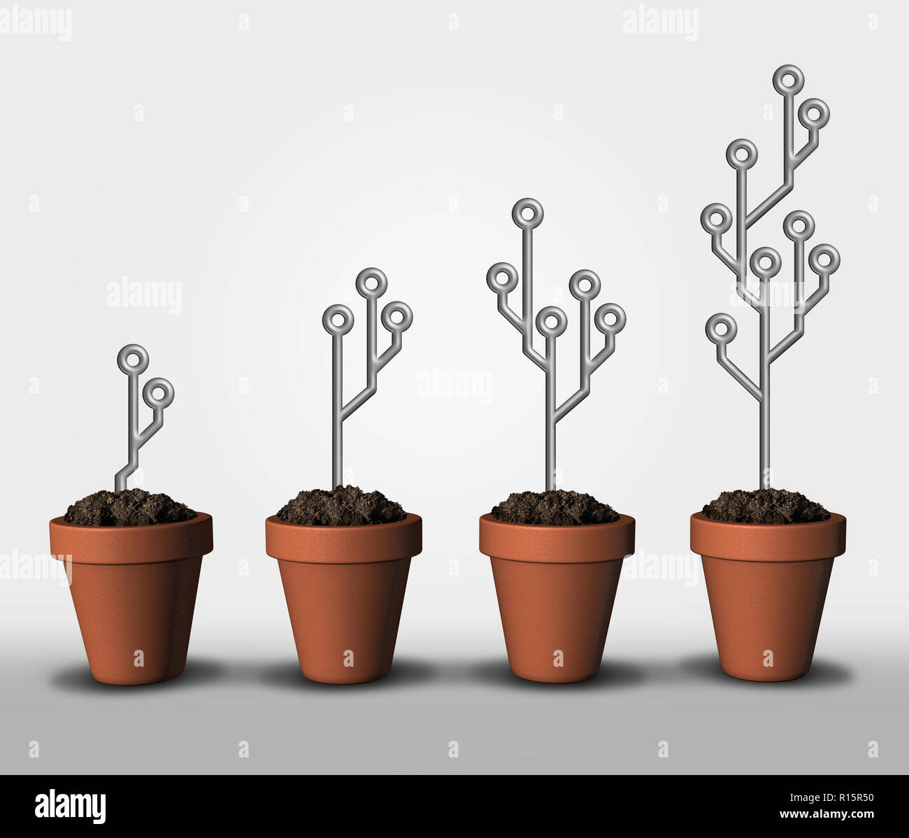 Tecnologica e la crescita esponenziale di elaborazione i miglioramenti apportati in termini di programmazione come scheda di circuito elettronico i simboli in una pentola di piante in crescita. Foto Stock