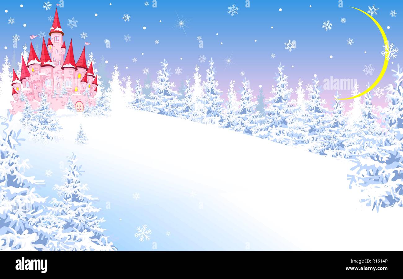 Cartoon castello rosa. Paesaggio invernale, la foresta, la neve. Di notte, la luna. Illustrazione Vettoriale