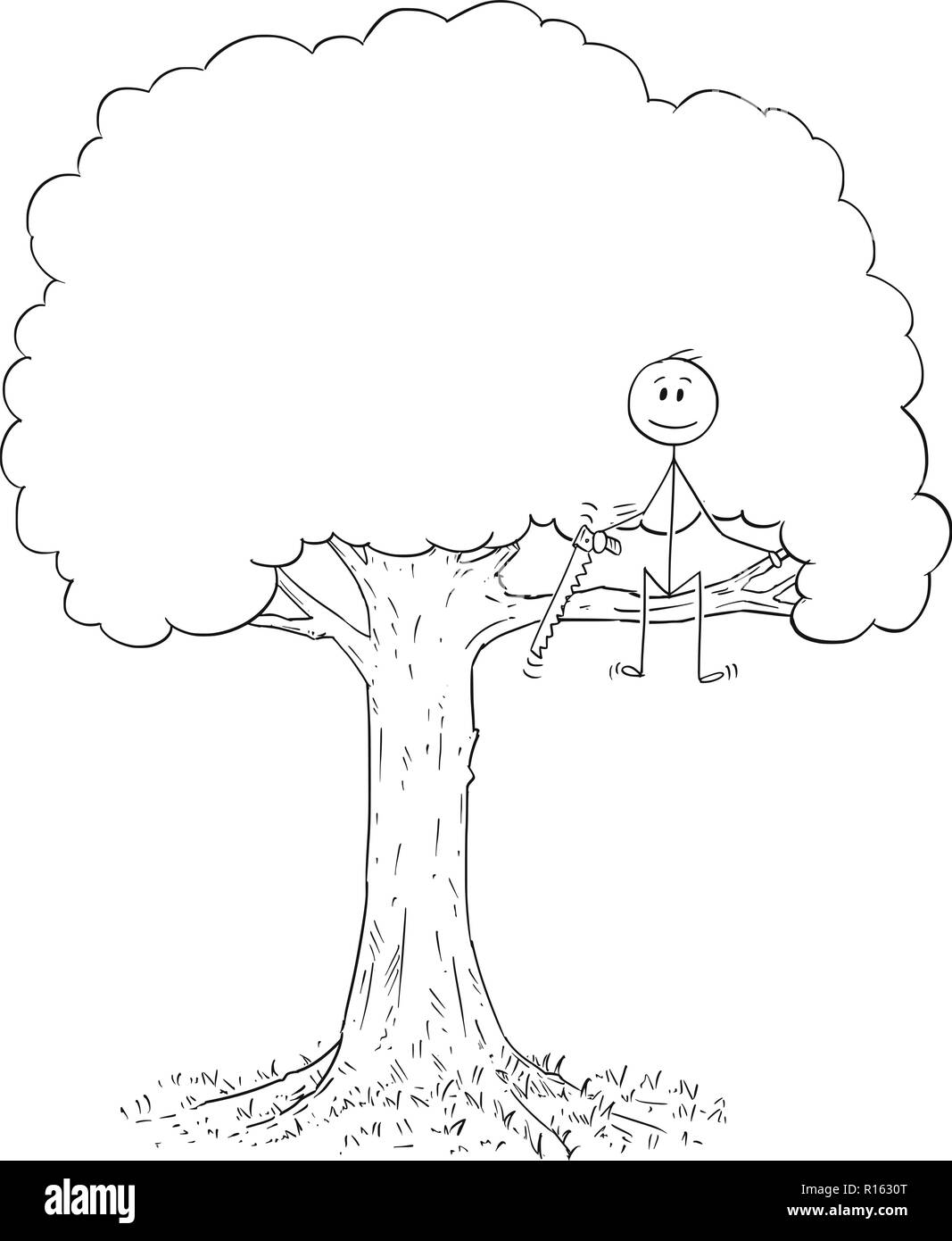 Cartoon di uomo con visto su albero del taglio del ramo egli è seduto sul. Illustrazione Vettoriale