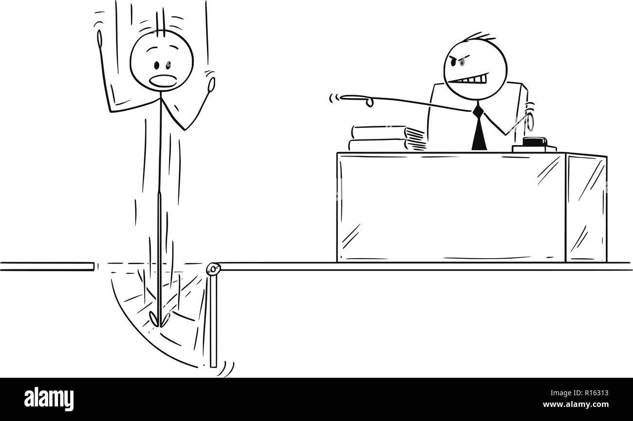 Cartoon del dipendente licenziato dal boss e la caduta attraverso la botola Illustrazione Vettoriale