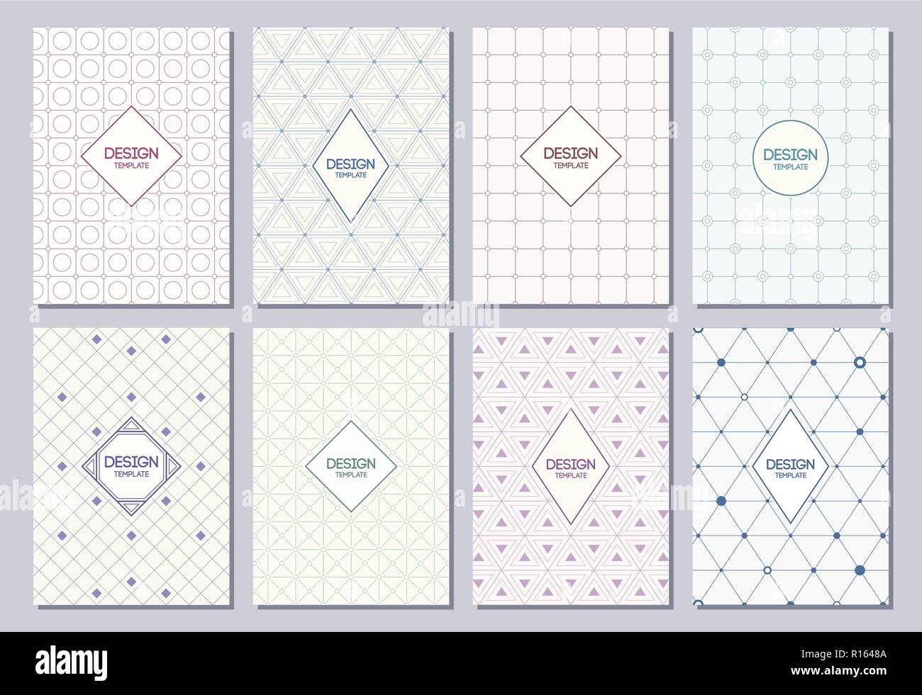 Set di volantini, poster, striscioni e cartelloni, brochure design dei modelli a colori in formato A6. Graphic design dei modelli per logo, etichette e distintivi. Geometrica astratta Illustrazione Vettoriale