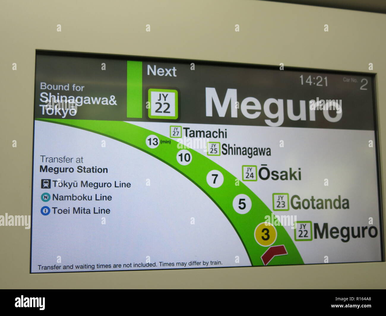 Inglese i turisti possono seguire la stazione di chiare indicazioni per la linea Yamanote (JR East) da Tokyo a Meguro; Ferrovie Giapponesi Foto Stock