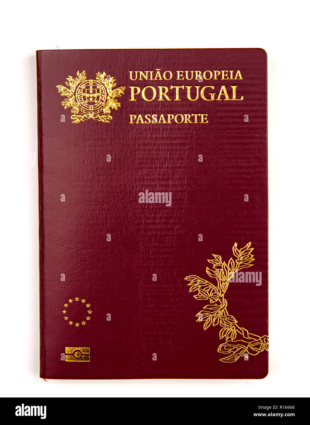 Il passaporto portoghese isolati su sfondo bianco Foto Stock