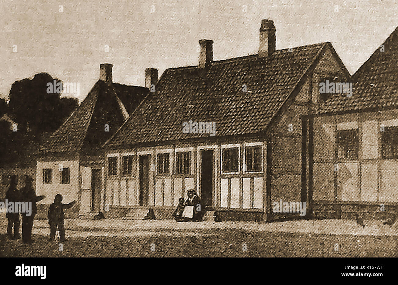 Un vecchio illustrazione che mostra il luogo di nascita di Hans Christian Andersen (1805-1875) a Odense, Danimarca Foto Stock