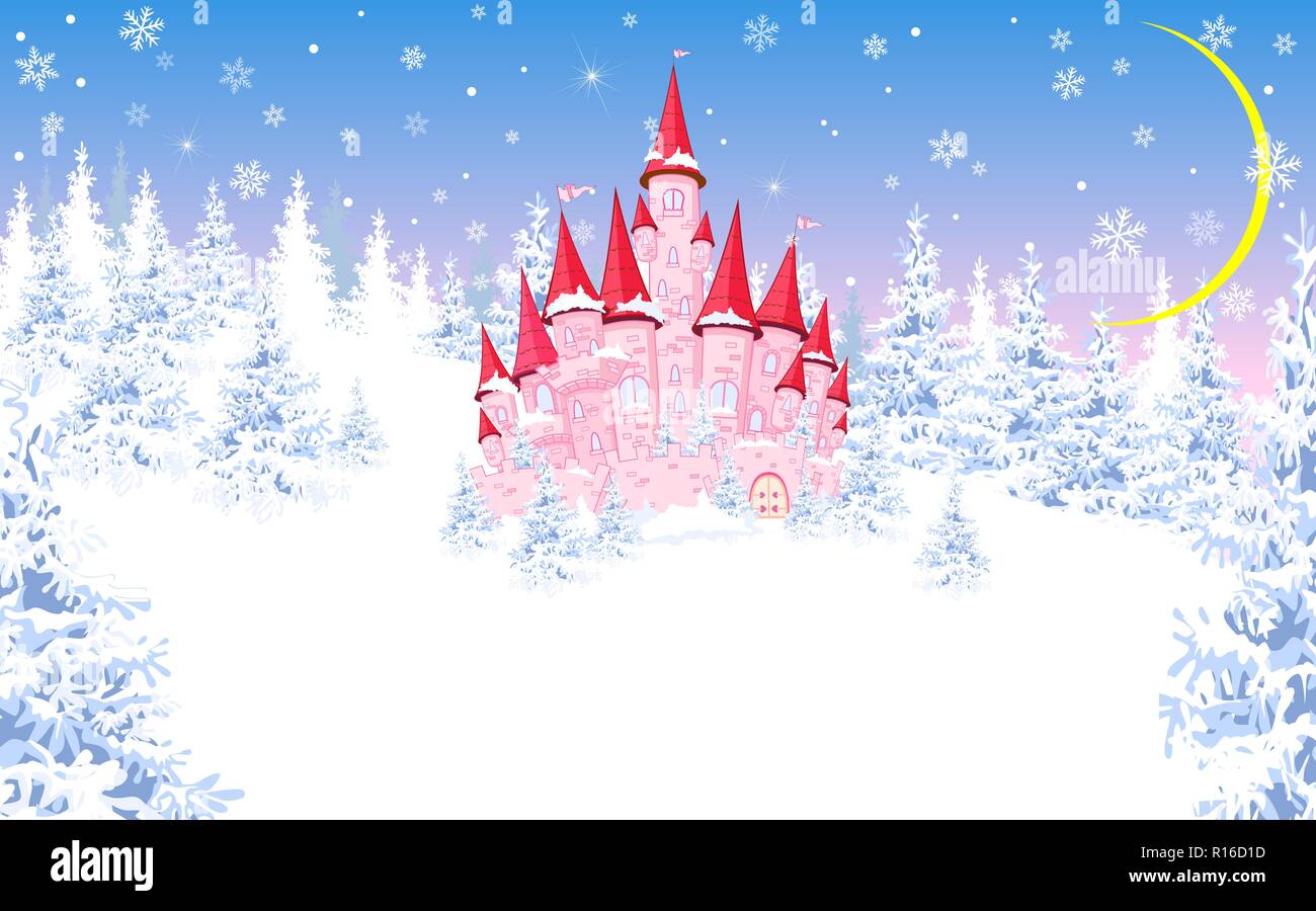 Cartoon castello rosa. Paesaggio invernale, la foresta, la neve. Di notte, la luna. Illustrazione Vettoriale