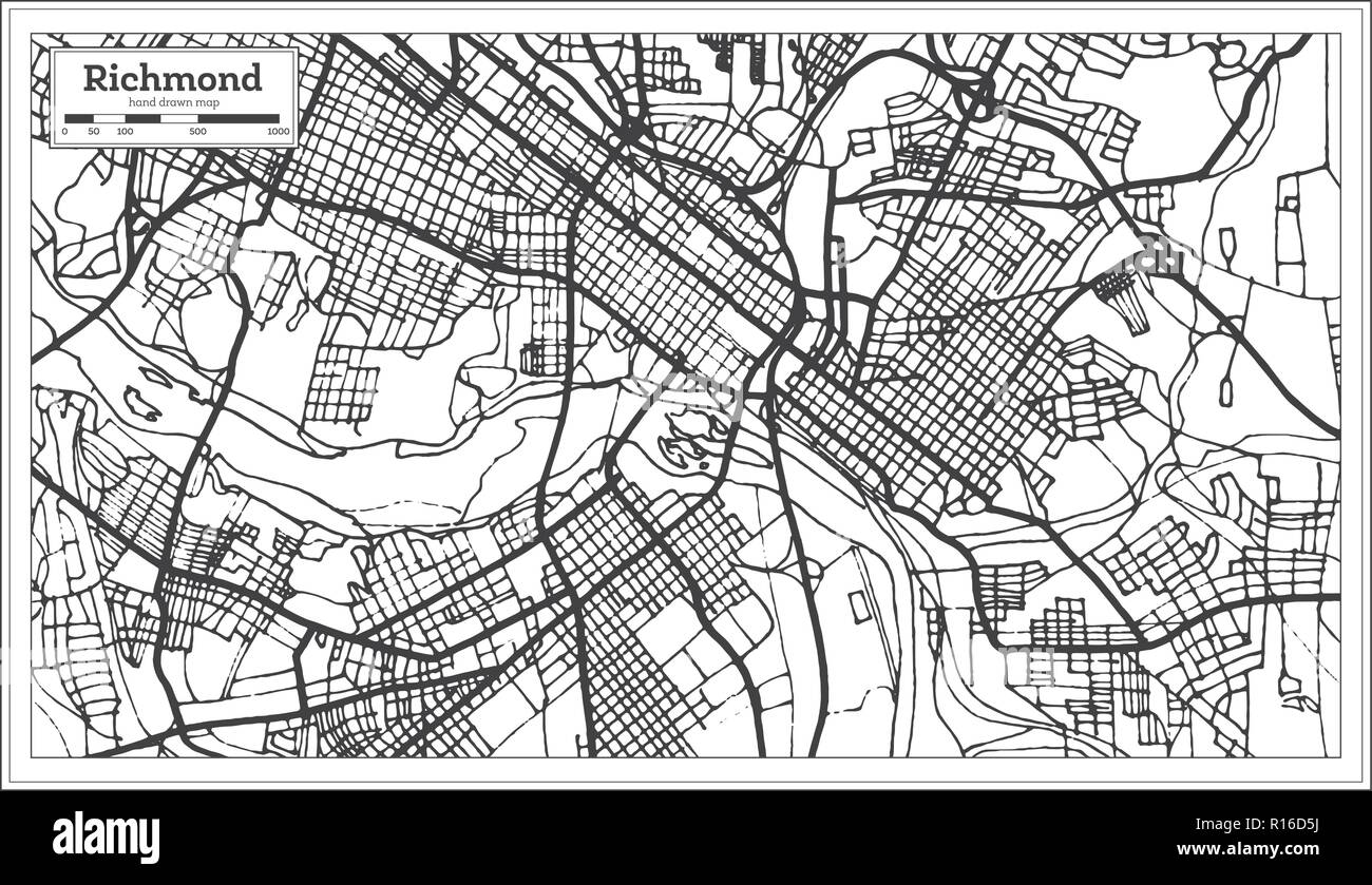 Richmond Virginia USA Mappa della città in stile retrò. Mappa di contorno. Illustrazione Vettoriale. Illustrazione Vettoriale