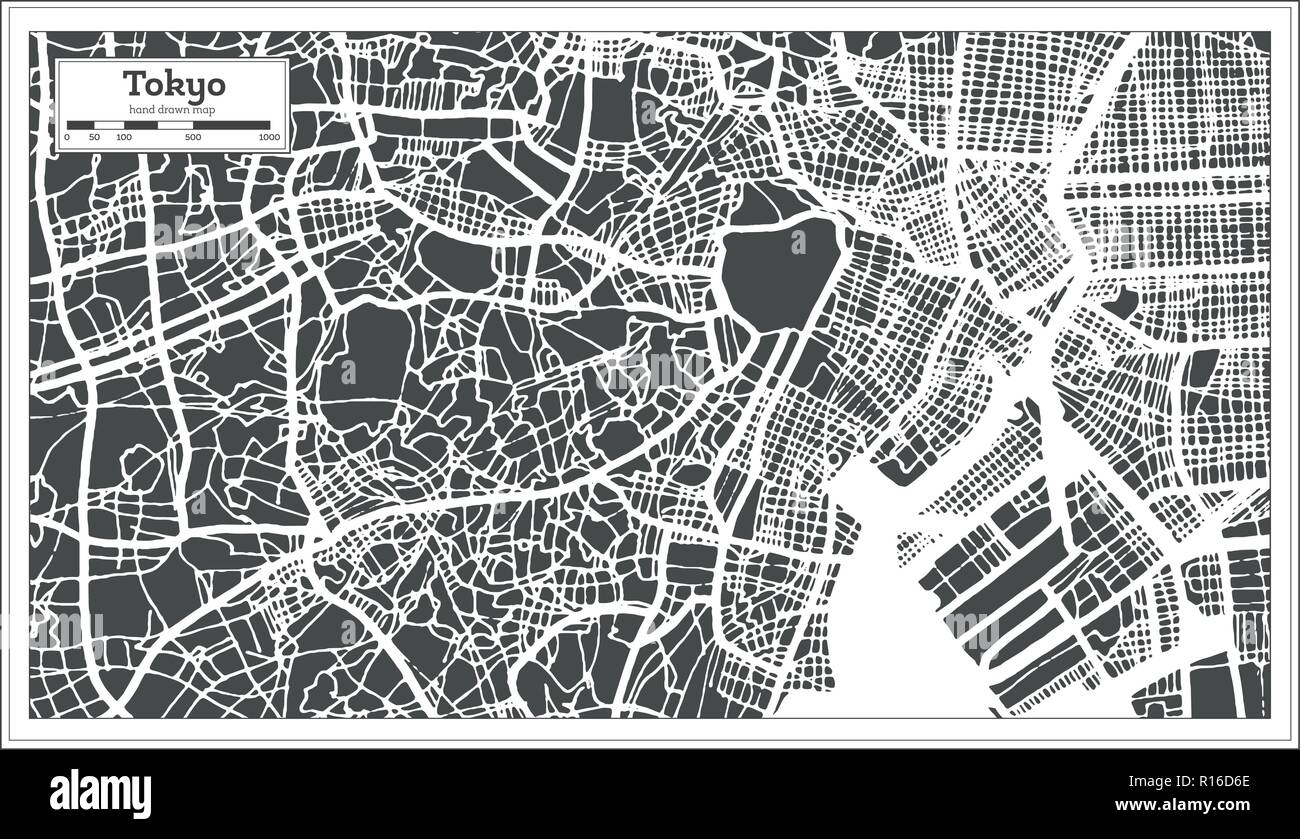 Tokyo Giappone mappa di città in stile retrò. Mappa di contorno. Illustrazione Vettoriale. Illustrazione Vettoriale