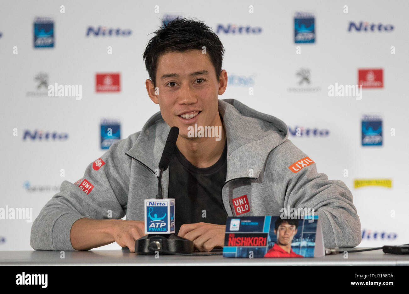 Londra, Regno Unito. 09Nov, 2018. Londra, Regno Unito. 9 Nov, 2018. Kei Nishikori (Giappone) durante il Media Day all'Nitto ATP World Tour Finals Londra presso l'O2, Londra, Inghilterra il 9 novembre 2018. Foto di Andy Rowland. Credito: Andrew Rowland/Alamy Live News Foto Stock