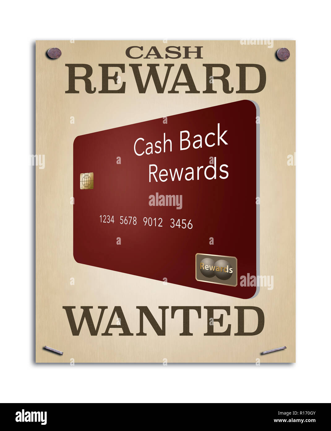 Un manifesto wanted promette una ricompensa e l'immagine sul poster è un cash back rewards carta di credito. Si tratta di un'illustrazione. Foto Stock